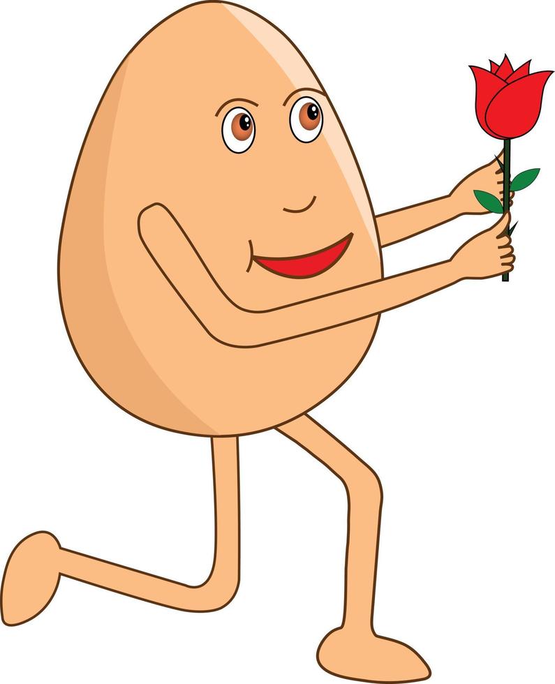 Romantic egg cartoon standing on knee and giving rose on the rose day. Vector Illustration.