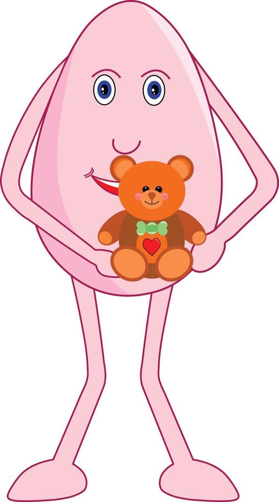 Happy egg male cartoon with a cute teddy in his hand on teddy day. Vector Illustration.