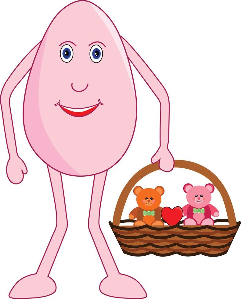 Happy egg female cartoon with a cute teddy basket in her hand on teddy day. Vector Illustration.