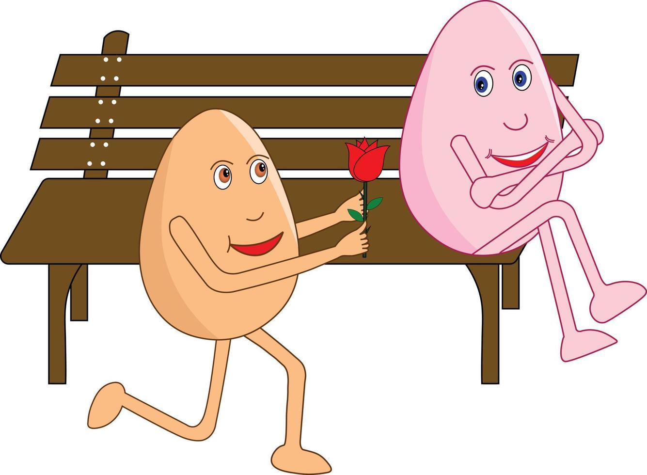 Romantic egg cartoon on his knees giving a rose to her beautiful valentine sitting on a bench on the rose day. Vector Illustration.