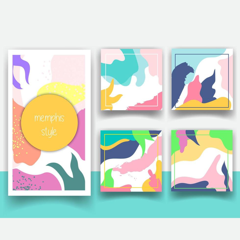 Vector set of abstract memphis style retro background with multicolored simple geometric shapes and copy space frame