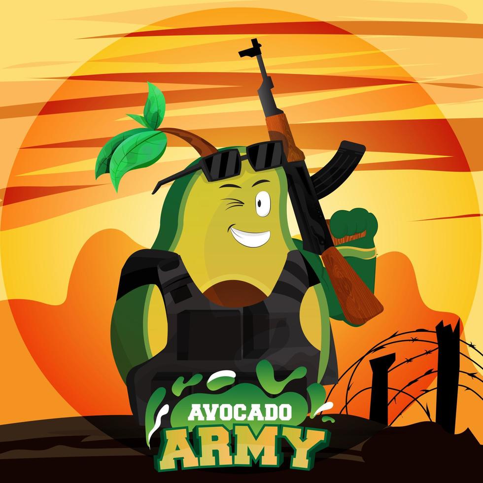 ilustración de aguacate portando armas y usando armadura del ejército. buen diseño para el diseño de ropa de serigrafía de carteles y camisetas. vector