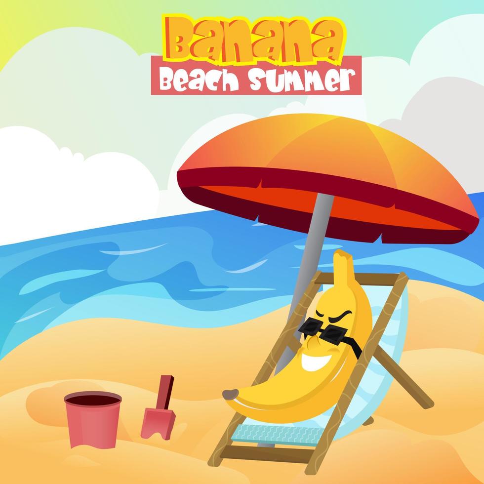 illustration of banana mascot wearing glasses relaxing on the beach. great design for t-shirt design and screen printing as well as for storybook covers vector