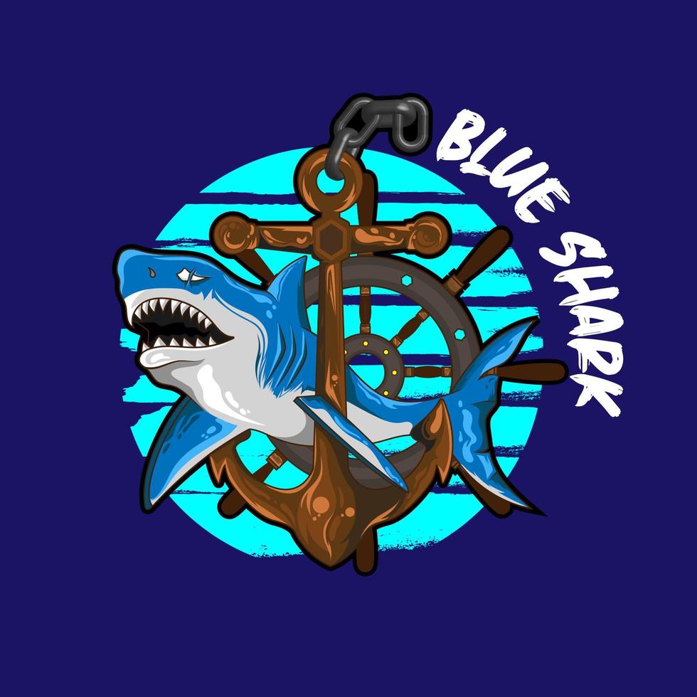 tiburón azul en el mar divertido diseño de camiseta para niños. diseño de ilustración vectorial para telas de moda, gráficos textiles, impresión. vector