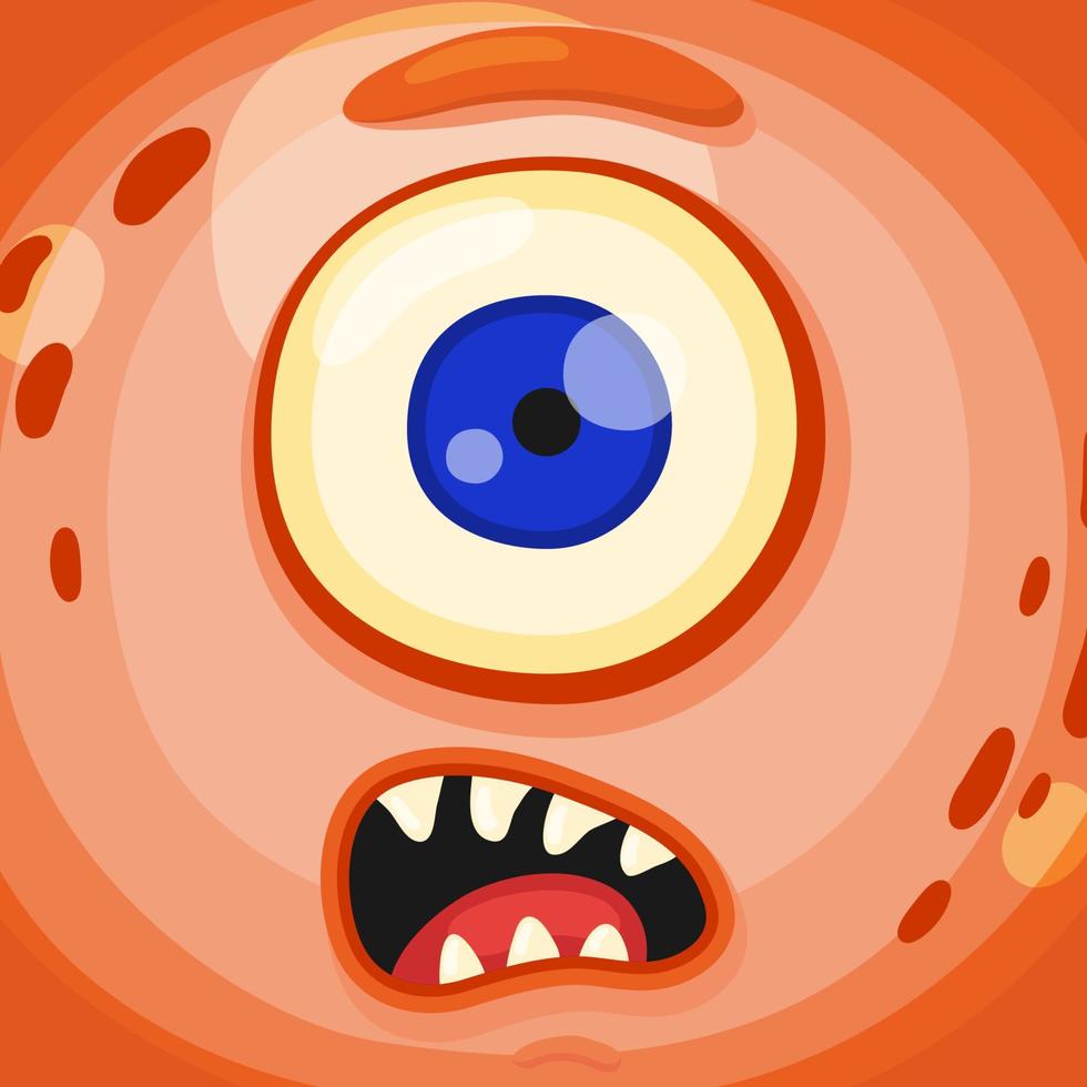 Funny cartoon monster face with crazy eyes. Cheerful face emotions. Illustration of cute, wicked mythical alien creature expression. Halloween party design for kids. Vector isolated