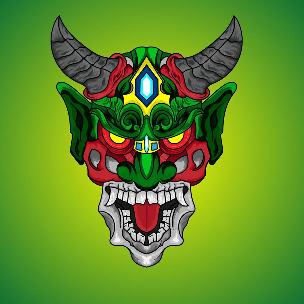 ilustración de diablo verde fuego de demonio de cuerno de oni para el diseño de elementos de prendas de vestir vector