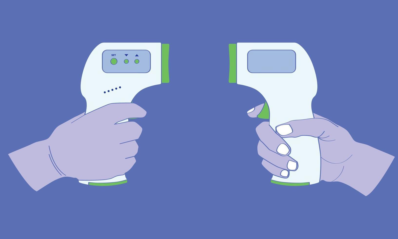 hand holding the medical infrared forehead thermometer 2 side view for detected coronavirus disease covid-19. vector illustration eps10