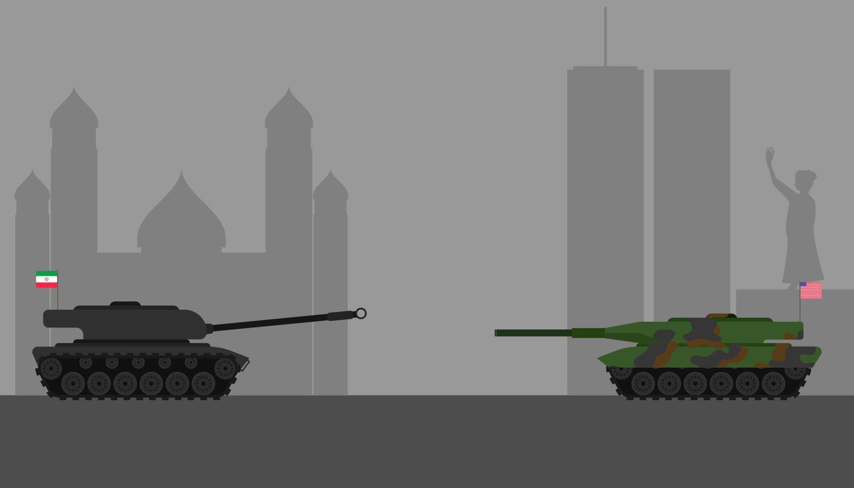 concepto de guerra comercial. soldado guerrero tanque estados unidos e irán bandera permanecen cara a cara y silueta construyendo fondo. ilustración vectorial eps10 vector