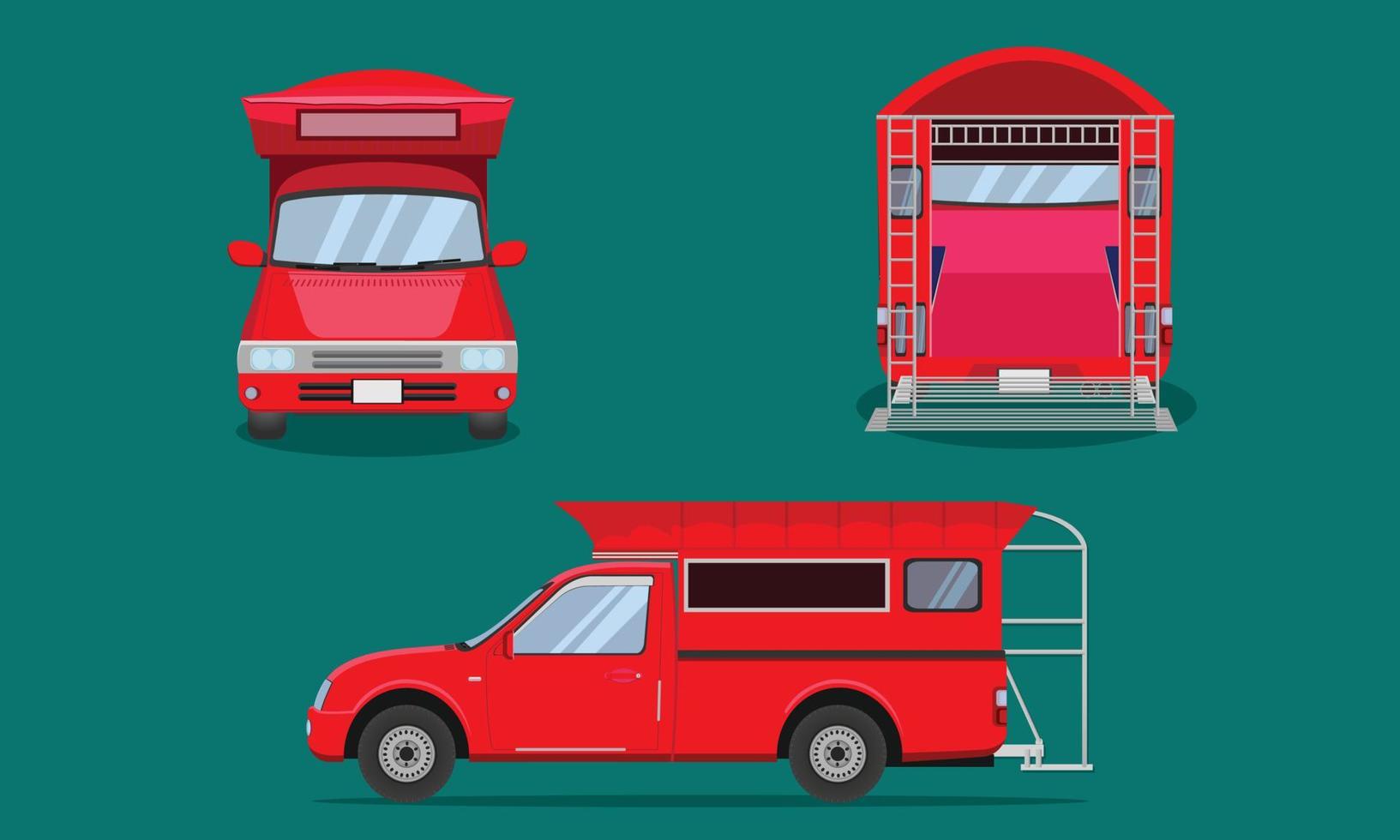 red pickup truck with car steel grating plastic top cover passenger front side back view transport chiang mai vector illustration eps10
