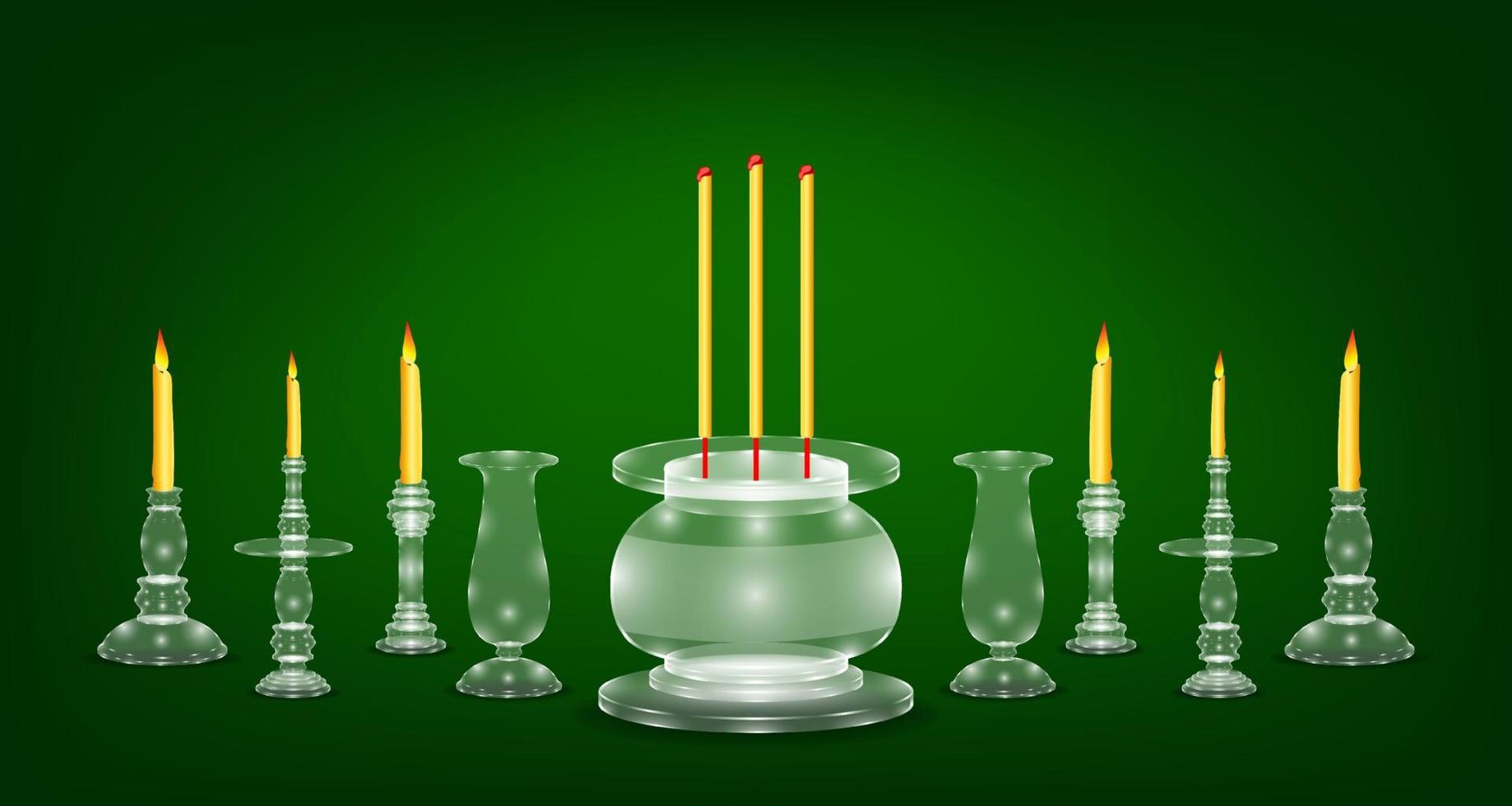 luxury white emerald crystal glass incense flower candle vase base. green color background. vector illustration eps10