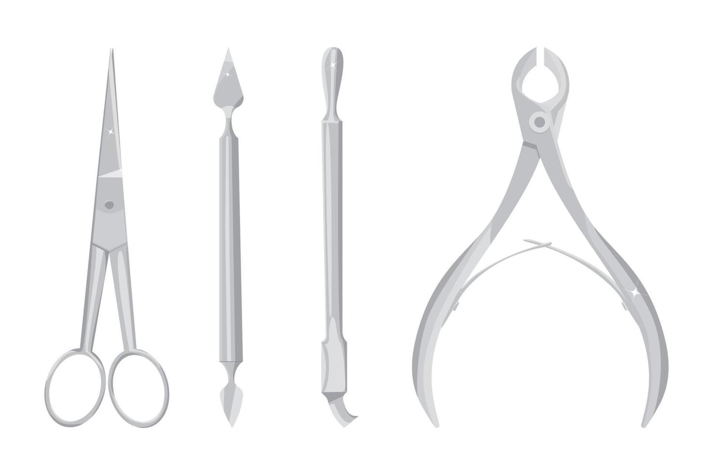 Set of metal manicure tools. Cuticle nippers, scissors and scrappers. Vector flat illustration