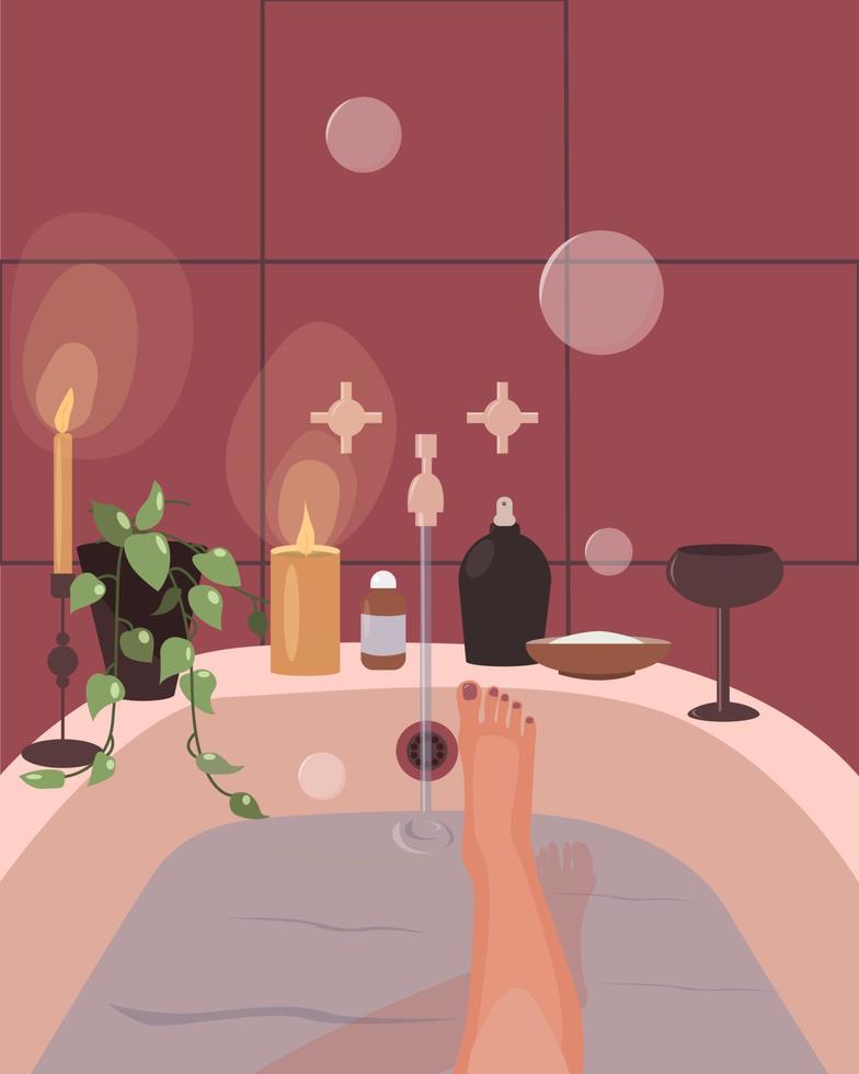 mujer joven toma un baño y bebe vino. concepto de relajación en el hogar. ilustración vectorial plana vector