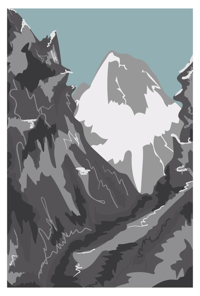 Minimalist winter mountain landscape. Sunny weather and snowy beautiful peaks. Hand drawn flat vector illustration. Contemporary wall art, brochure, postcard design, print etc