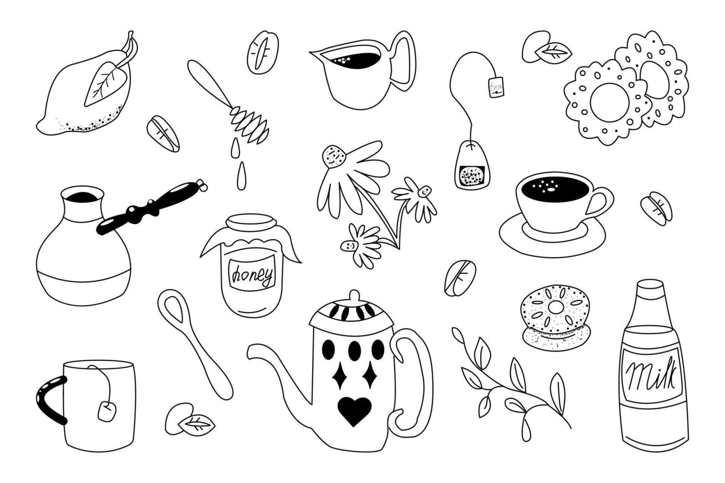 Coffee and tea doodle set. Black and white vector illustration