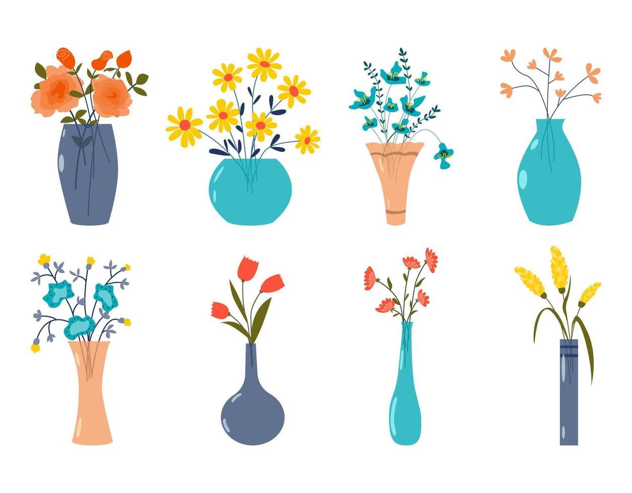 Set of wild and garden blooming flowers in vases. Flat vector illustartion