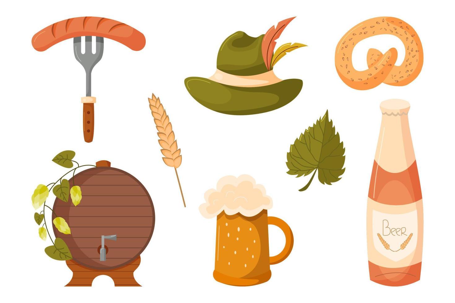 elementos de diseño de vacaciones de oktoberfest con jarra de cerveza, salchicha en tenedor, botella, sombrero, pretzel, barril y trigo vector