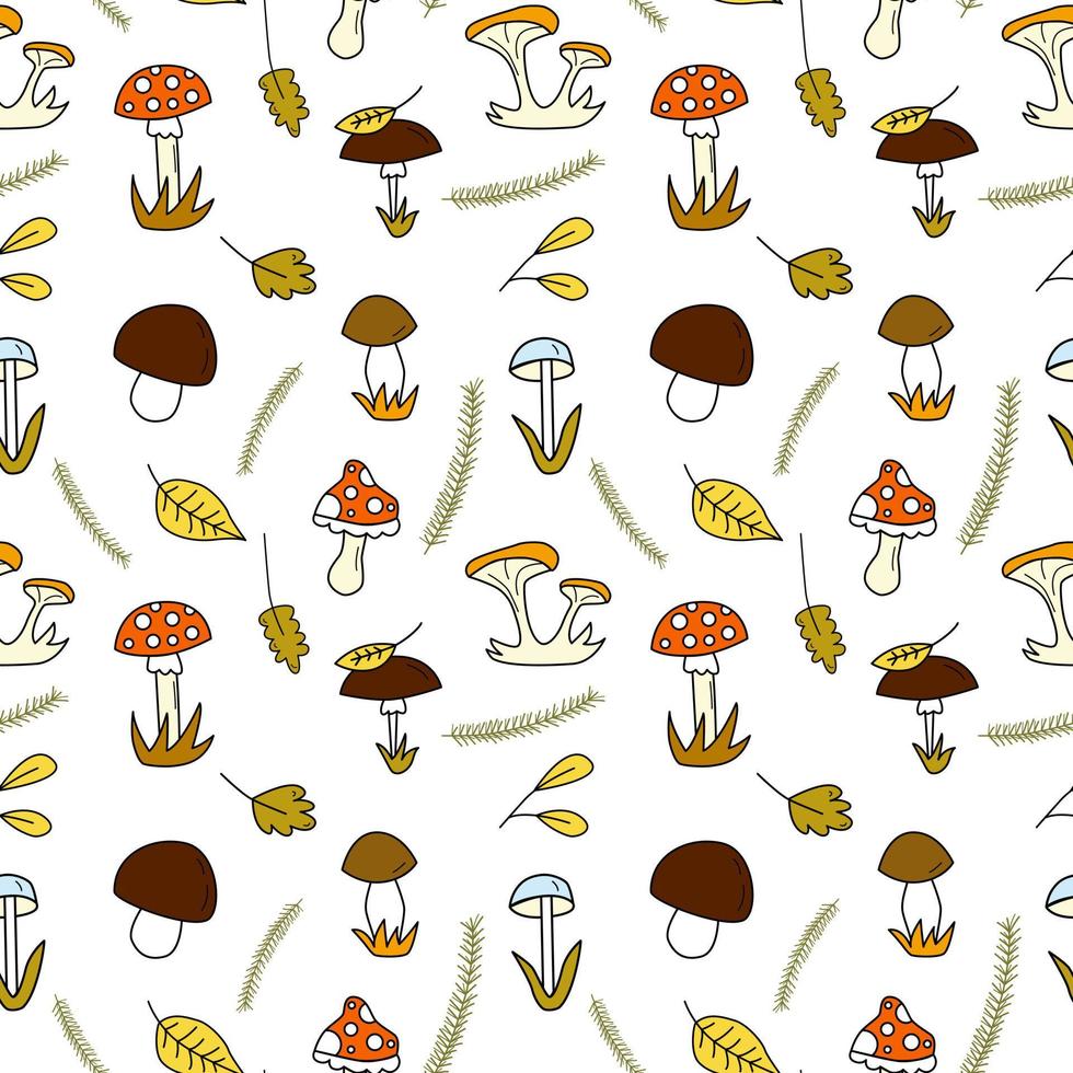 Seamless doodle pattern with forest mushrooms and fall leaves vector