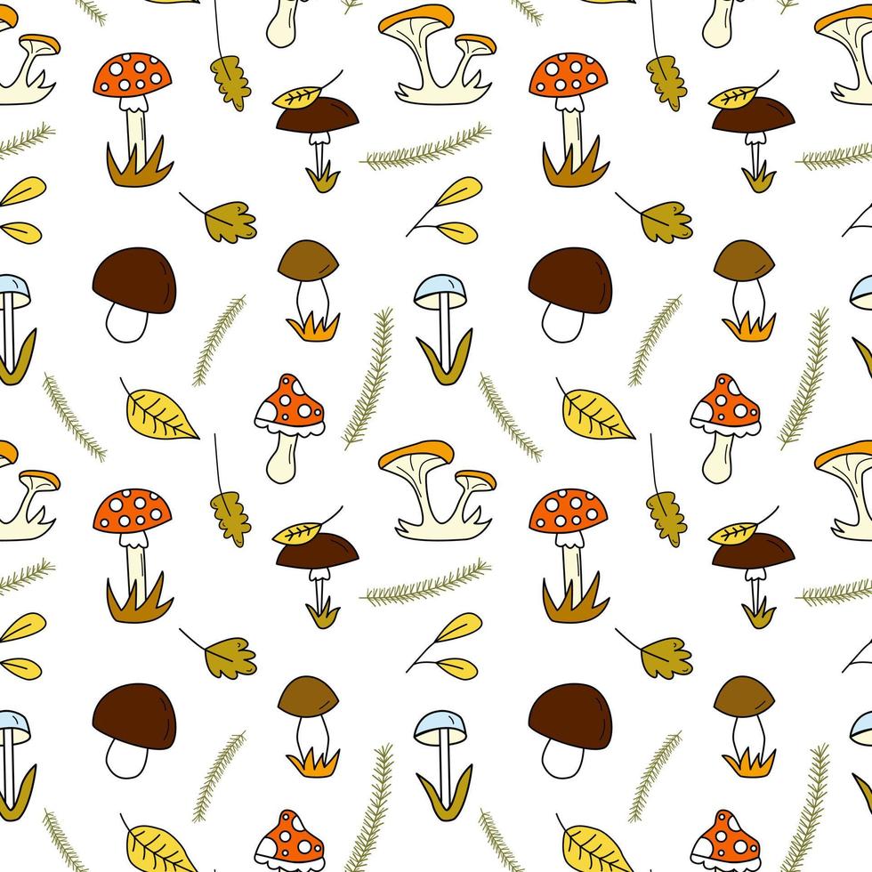 Seamless doodle pattern with forest mushrooms and fall leaves vector