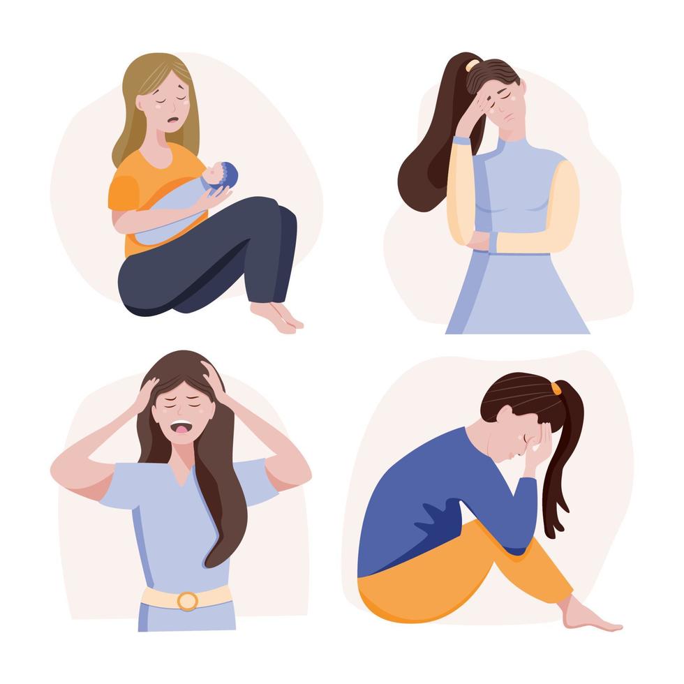 Set of women with depression and various mental health problems. Postpartum depression. Vector cartoon illustration