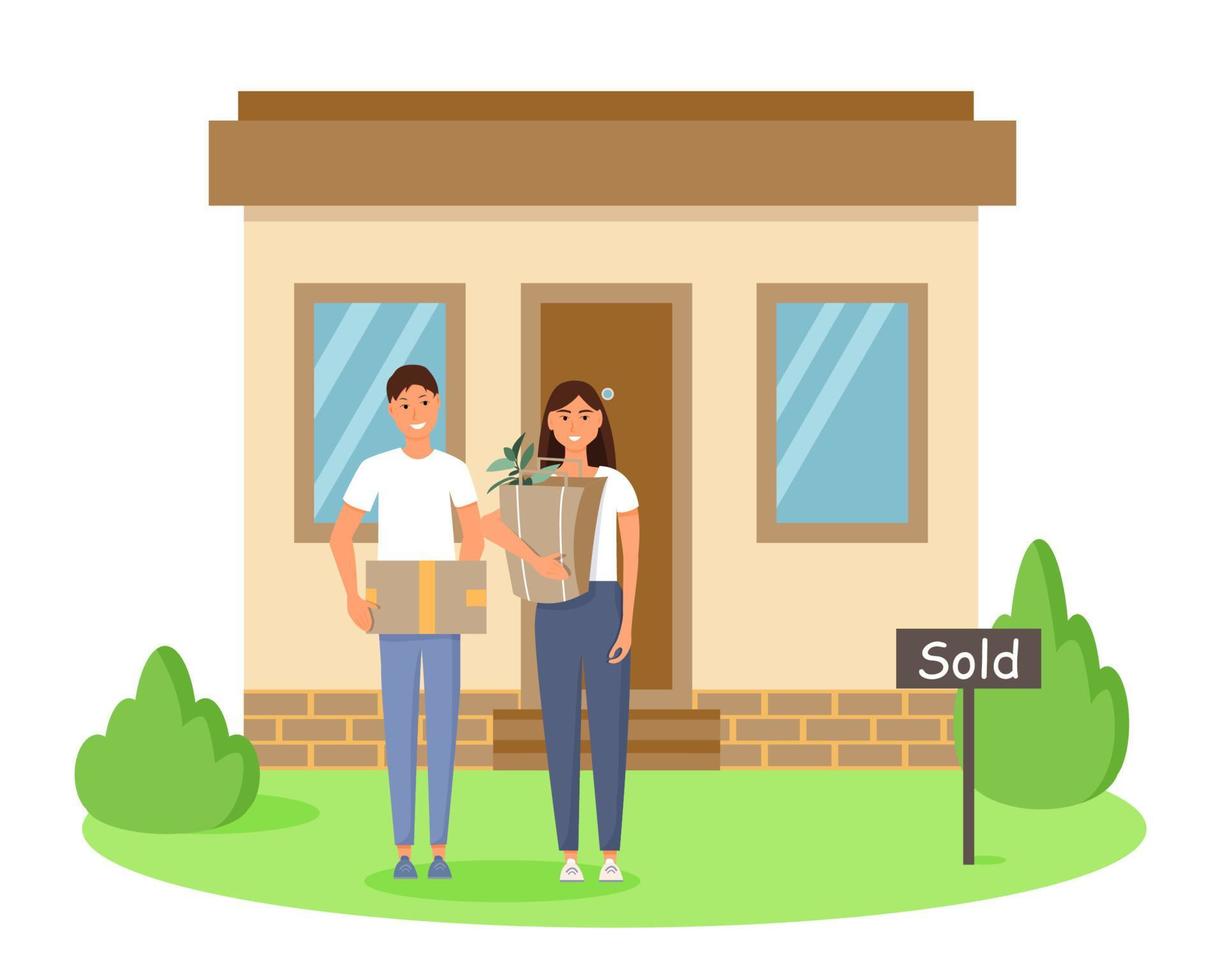 Happy young family bought new home. Man and woman are standing with boxes near their house. Home buying concept. Flat vector illustration