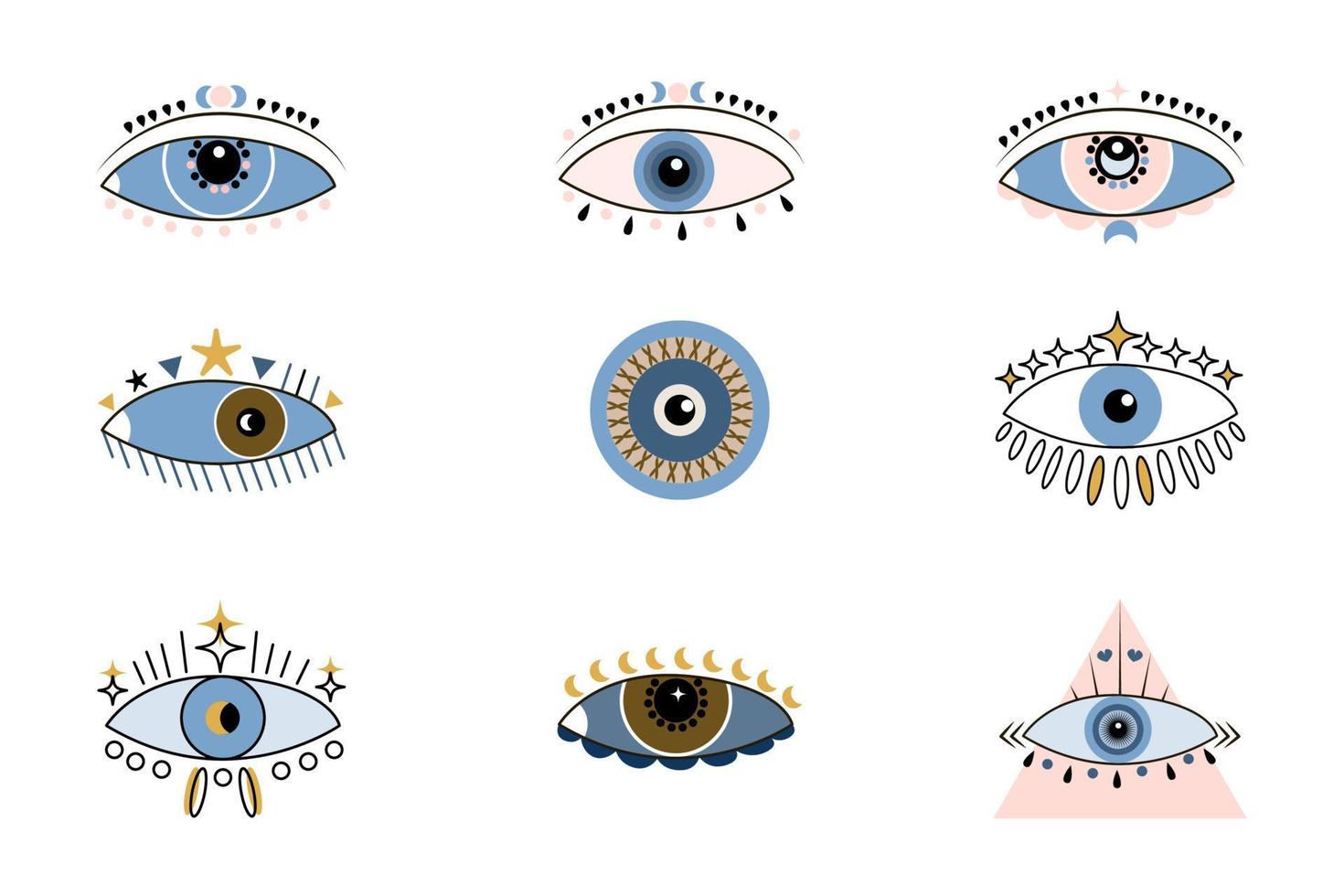 Set of different esoteric boho eyes to protect against negative effects. Hypnotic look. Colorful evil eye symbol. Vector flat illustration