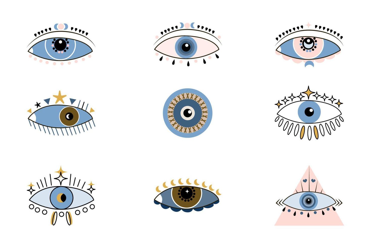 conjunto de diferentes ojos boho esotéricos para proteger contra los efectos negativos. mirada hipnótica. colorido símbolo del mal de ojo. ilustración plana vectorial vector