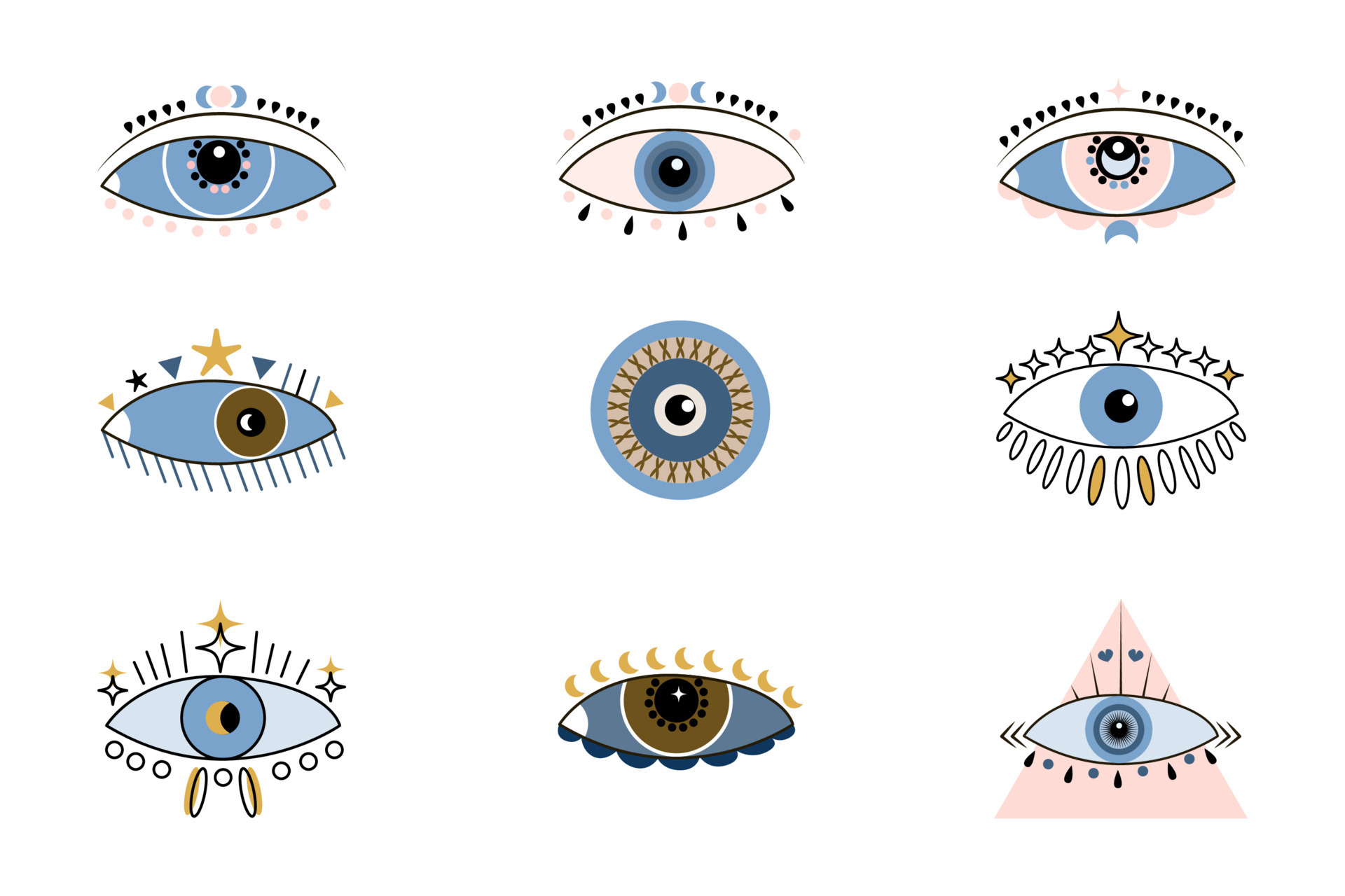 Set Of Different Esoteric Boho Eyes To Protect Against Negative Effects Set Of Different Esoteric Boho Eyes To Protect Against Negative Effects Hypnotic Look Colorful Evil Eye Symbol Flat Illustration Vector
