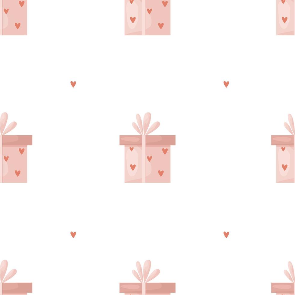 Pink gift box with bow and hearts seamless pattern. Cute minimal design for Valentine's Day or Mother's Day card, wrapping paper. Vector illustration on white background
