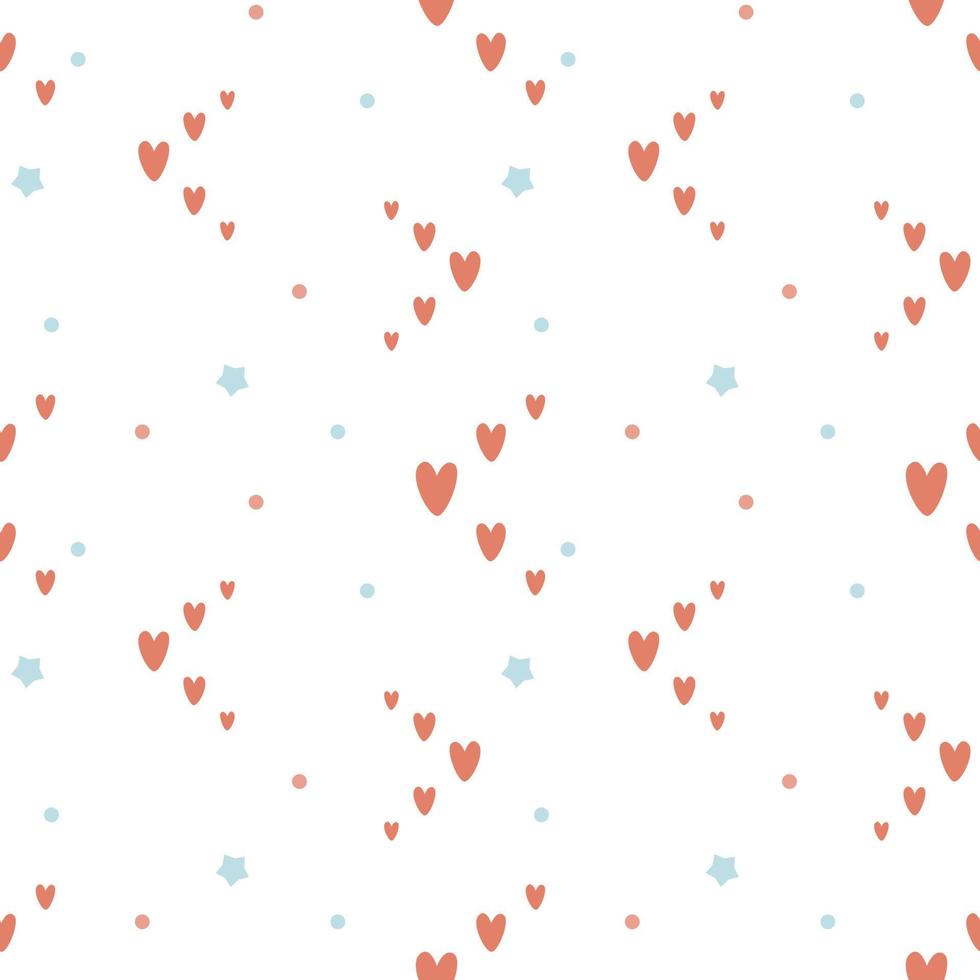 Seamless pattern with hearts, stars, circle dots doodle elements. Valentine's Day endless texture. Childish simple print in scandinavian style. Vector illustration