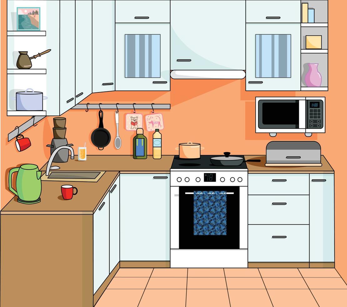 Fortaleza Suburbio alma interior de cocina con muebles. ilustración vectorial de dibujos animados  5369961 Vector en Vecteezy