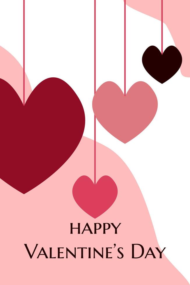 Abstract hanging hearts garland. Modern Valentine's day greeting card. Flat vector illustration isolated on pink and white background