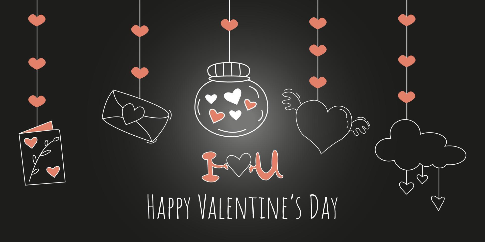 Saint Valentine's day holiday background with love design elements. Vector doodle illustration isolated on black background