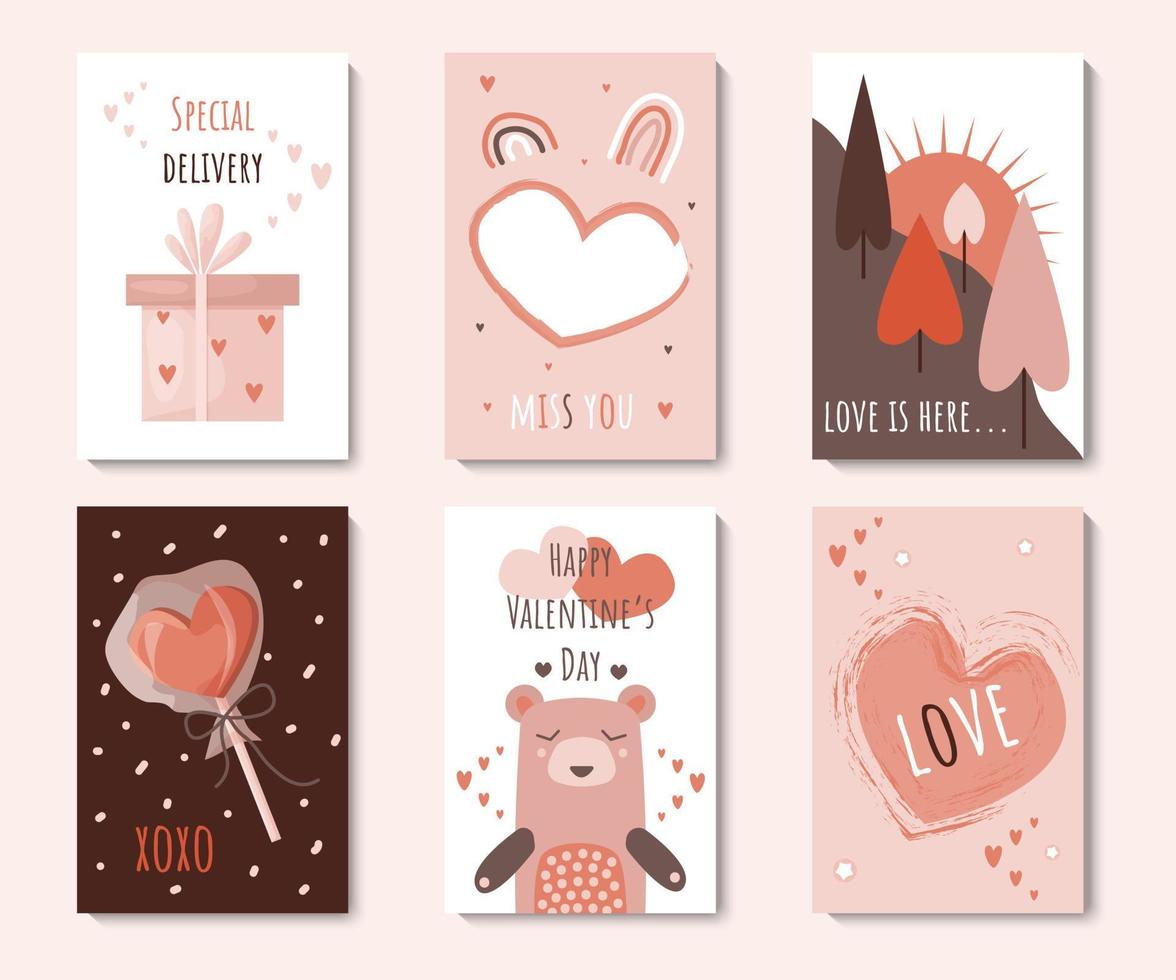 Happy Valentine's day card set with 6 cute templates. Collection perfect for gift tags, labels, save the date invitations. Vector illustration