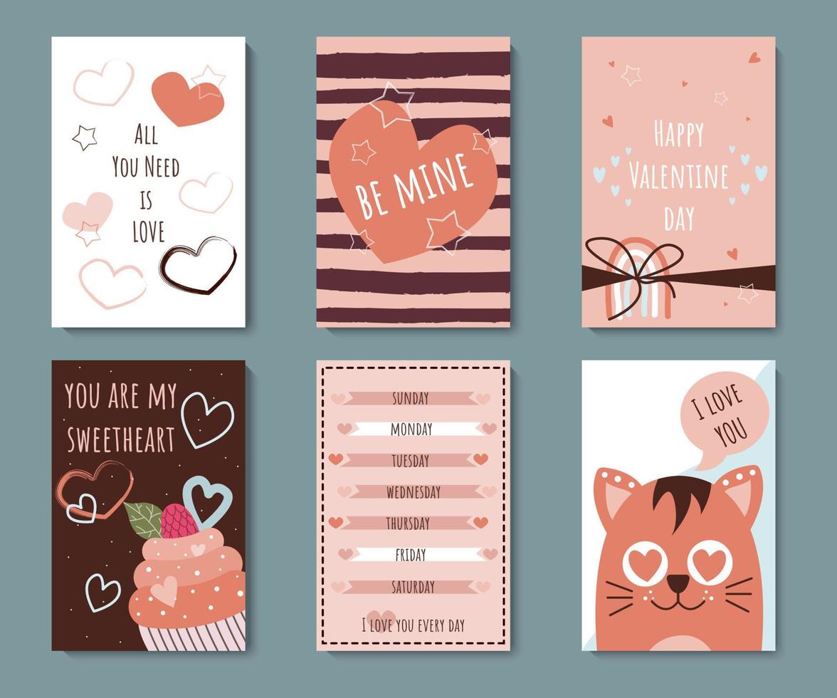 Happy Valentine's day greeting card set with 6 cute templates. Collection perfect for posters, gift tags, labels, flyers, invitations. Vector illustration
