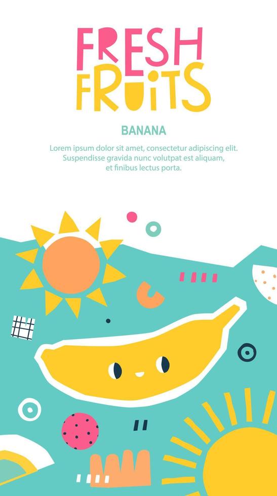 cartel con un lindo plátano. folleto de vector para menú infantil y embalaje.