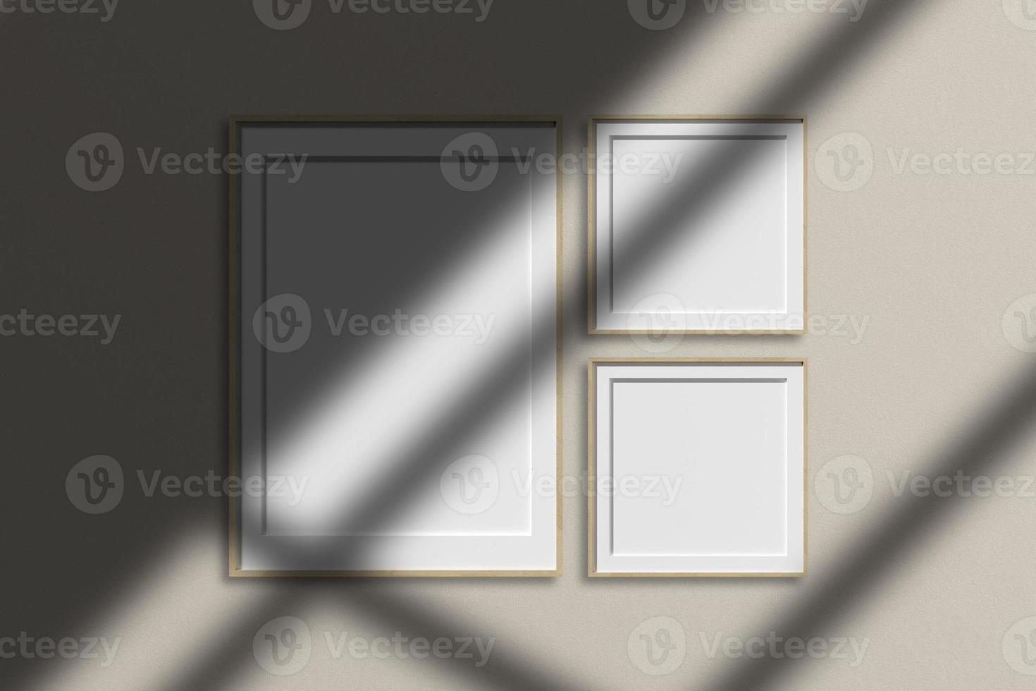 Set of wooden poster photo frame mockup in minimalist room with shadow overlay