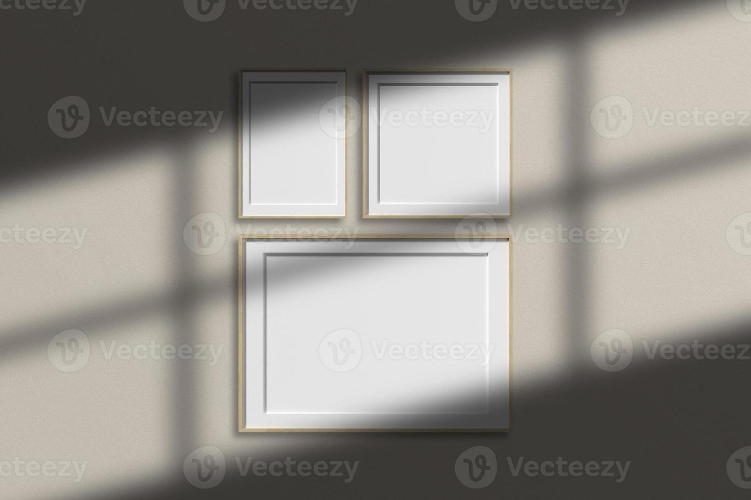 Set of wooden poster photo frame mockup in minimalist room with shadow overlay