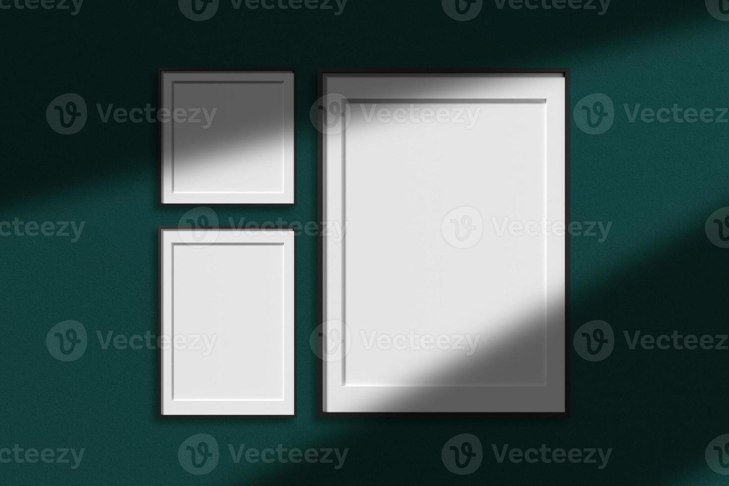 Set of black poster photo frame mockup in minimalist room with shadow overlay