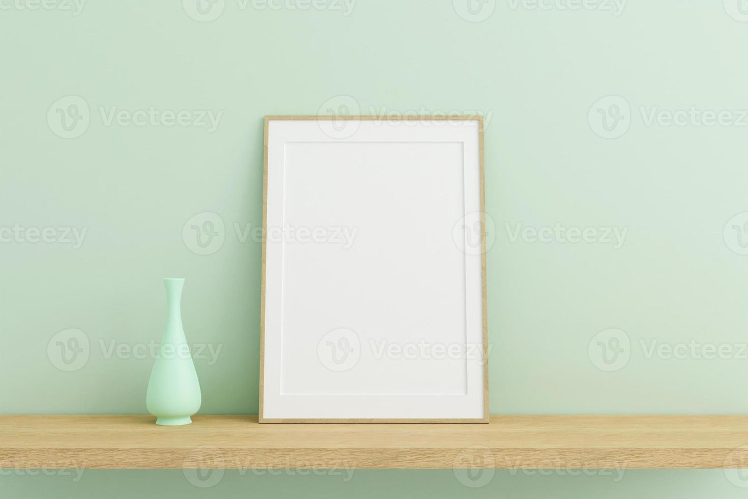 Vertical wooden poster or photo frame mockup on wooden table in living room interior with vase. 3D rendering.