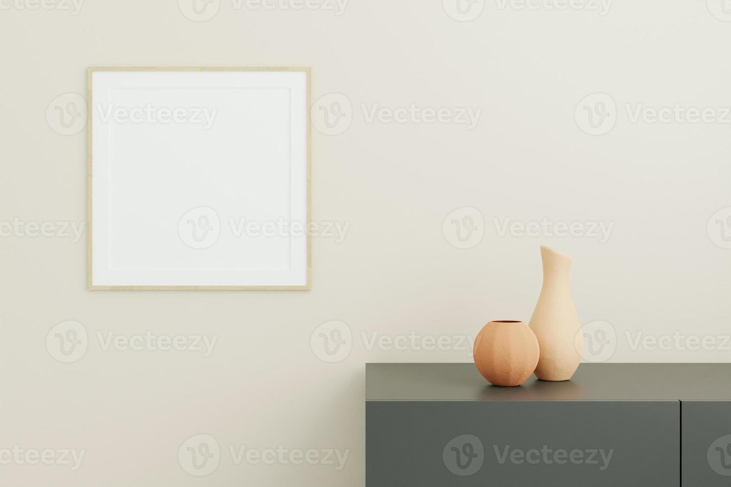 Square wooden poster or photo frame mockup with vase on the desk in living room interior. 3D rendering.