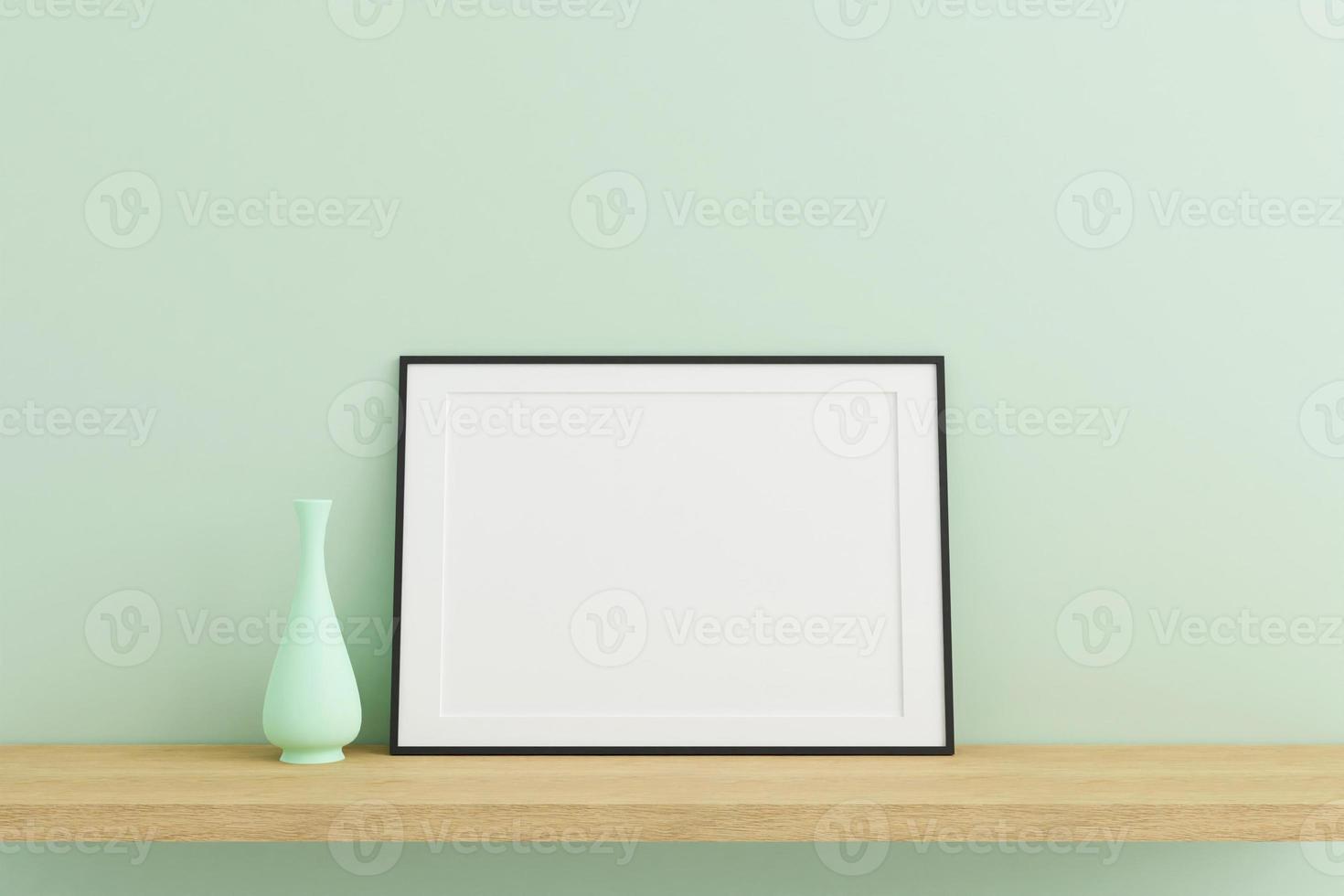 Horizontal black poster or photo frame mockup on wooden table in living room interior with vase. 3D rendering.