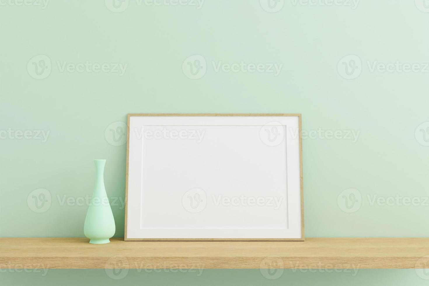 Horizontal wooden poster or photo frame mockup on wooden table in living room interior with vase. 3D rendering.