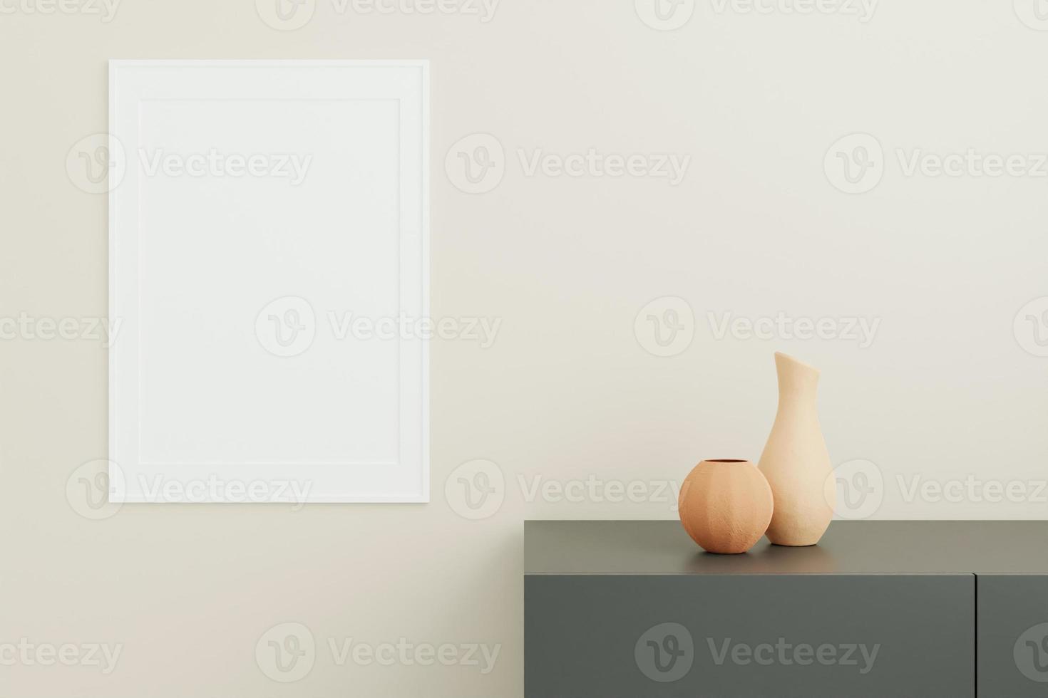 Vertical white poster or photo frame mockup with vase on the desk in living room interior. 3D rendering.