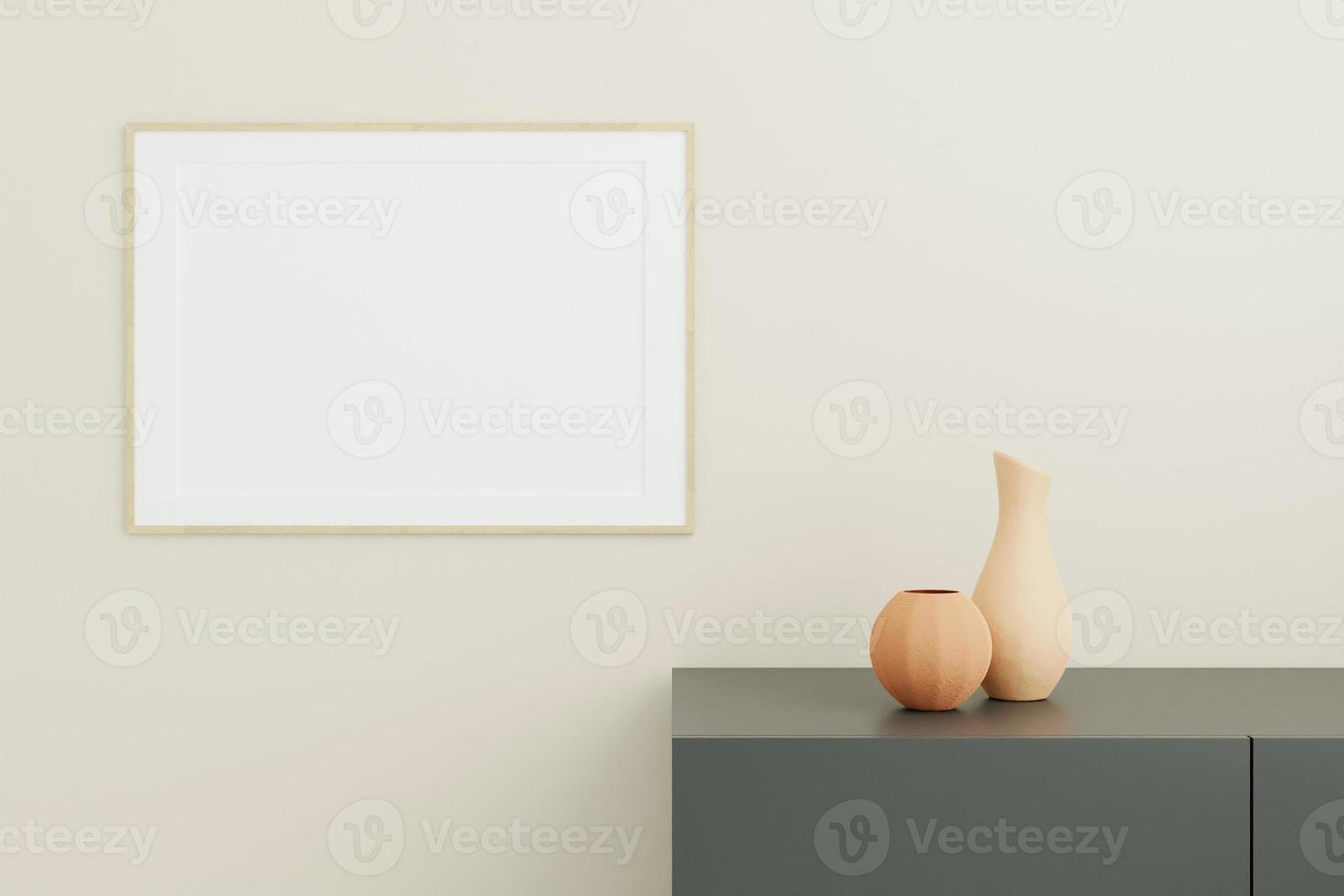 Horizontal wooden poster or photo frame mockup with vase on the desk in living room interior. 3D rendering.