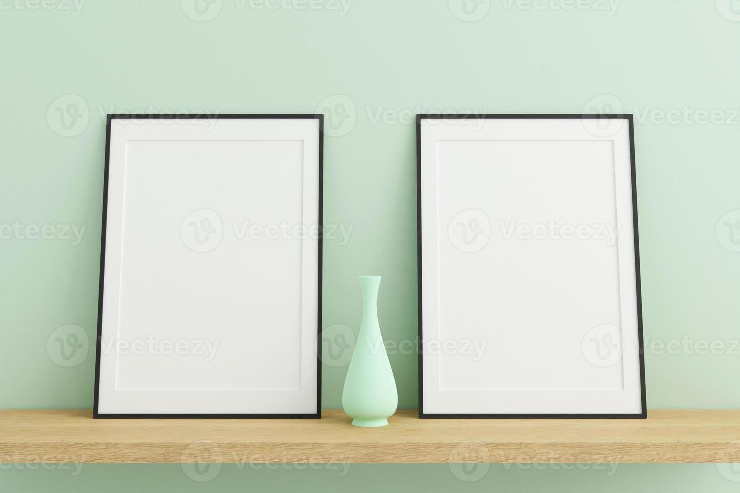 Vertical black poster or photo frame mockup on wooden table in living room interior with vase. 3D rendering.