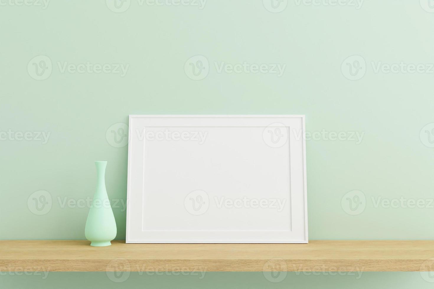 Horizontal white poster or photo frame mockup on wooden table in living room interior with vase. 3D rendering.
