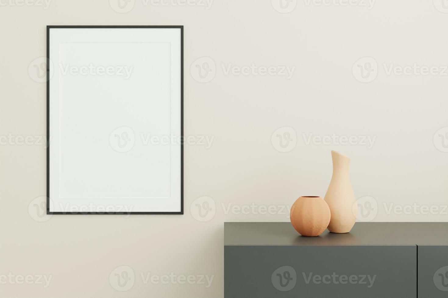 Vertical black poster or photo frame mockup with vase on the desk in living room interior. 3D rendering.