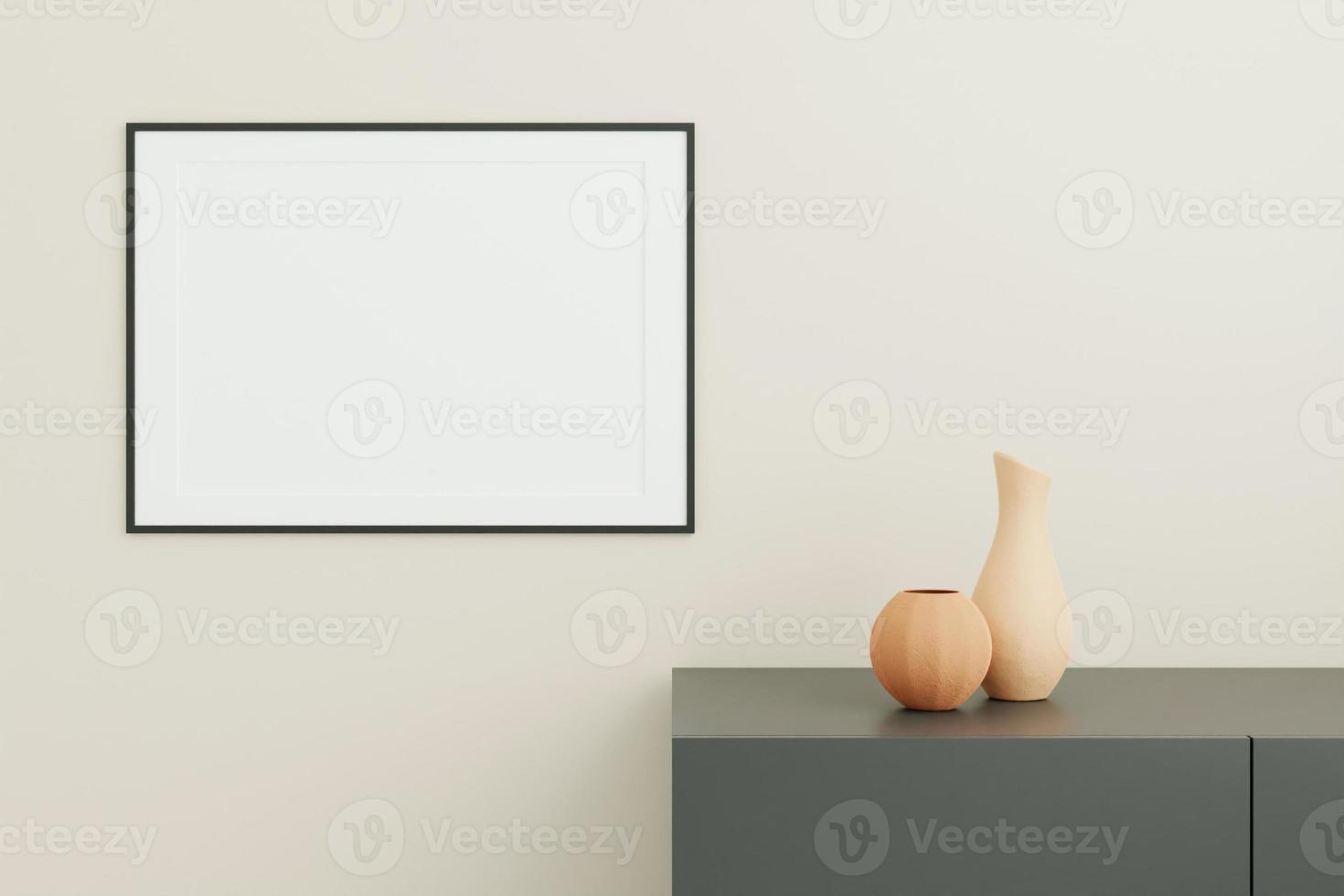 Horizontal black poster or photo frame mockup with vase on the desk in living room interior. 3D rendering.