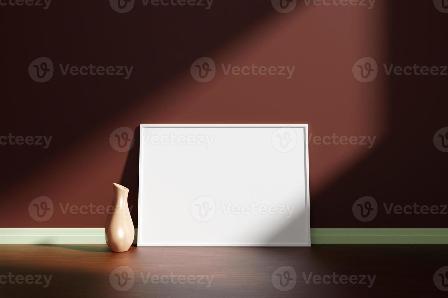 Horizontal white poster or photo frame mockup with vase on the wooden floor leaning against the room wall with shadow