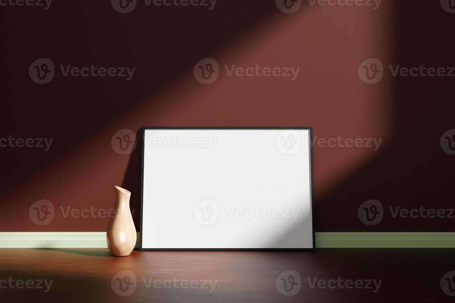 Horizontal black poster or photo frame mockup with vase on the wooden floor leaning against the room wall with shadow